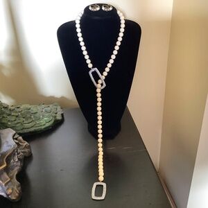 Heidi Daus Set Game Changer Pave Crystal Beaded Lariat Necklace & Earrings Ivory